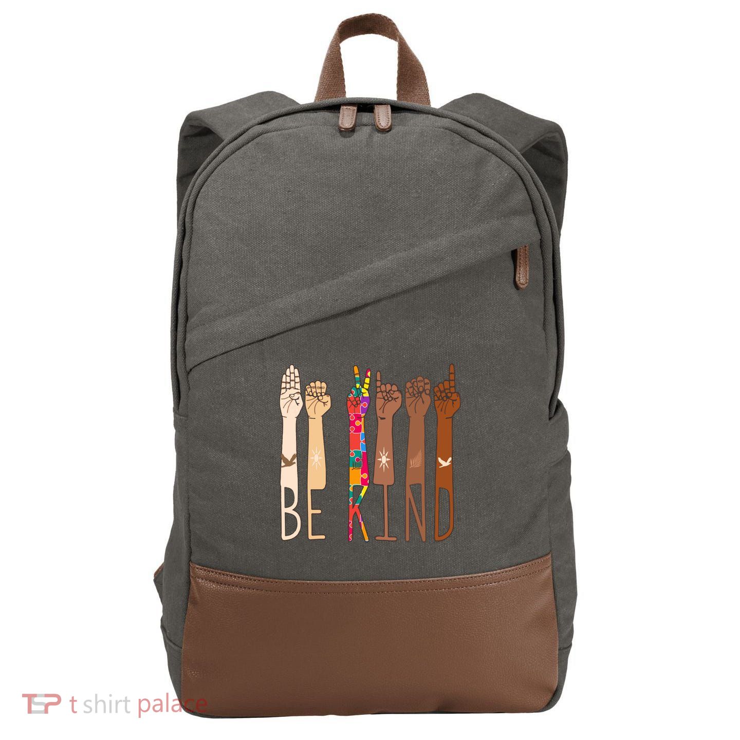 Retro Be Kind Hand Sign Language Asl Puzzle Autism Awareness Great Gift Cotton Canvas Backpack