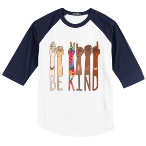 Retro Be Kind Hand Sign Language Asl Puzzle Autism Awareness Great Gift Baseball Sleeve Shirt