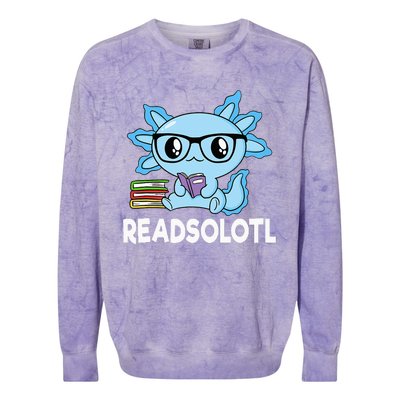 Readsolotl Blue Kawaii Axolotl Book Lover Funny Reading Colorblast Crewneck Sweatshirt