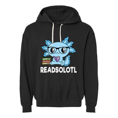 Readsolotl Blue Kawaii Axolotl Book Lover Funny Reading Garment-Dyed Fleece Hoodie