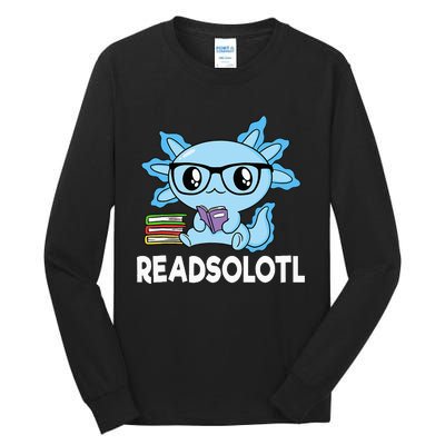 Readsolotl Blue Kawaii Axolotl Book Lover Funny Reading Tall Long Sleeve T-Shirt