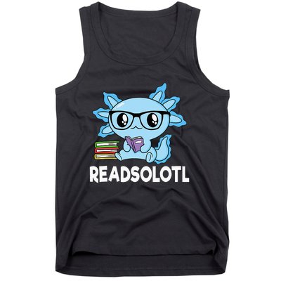 Readsolotl Blue Kawaii Axolotl Book Lover Funny Reading Tank Top