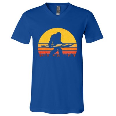 Retro Bigfoot Kayak Vintage Sasquatch Kayaking V-Neck T-Shirt