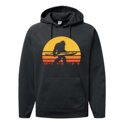 Retro Bigfoot Kayak Gift Vintage Sasquatch Kayaking Gift Performance Fleece Hoodie