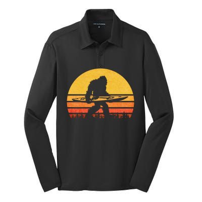 Retro Bigfoot Kayak Gift Vintage Sasquatch Kayaking Gift Silk Touch Performance Long Sleeve Polo