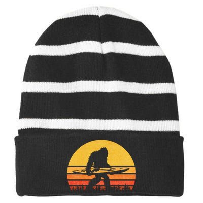 Retro Bigfoot Kayak Gift Vintage Sasquatch Kayaking Gift Striped Beanie with Solid Band