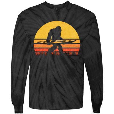 Retro Bigfoot Kayak Gift Vintage Sasquatch Kayaking Gift Tie-Dye Long Sleeve Shirt