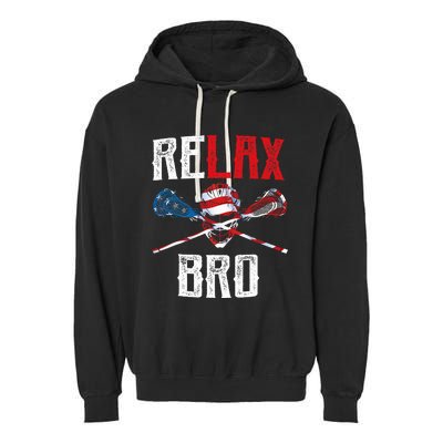 Relax Bro Lacrosse American Flag Lax Lacrosse Player Gifts Garment-Dyed Fleece Hoodie