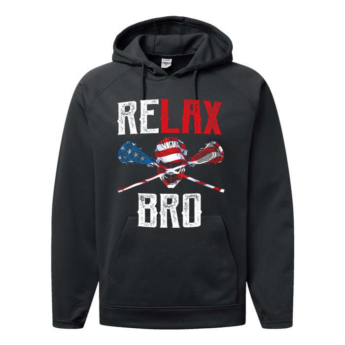 Relax Bro Lacrosse American Flag Lax Lacrosse Player Gifts Performance Fleece Hoodie