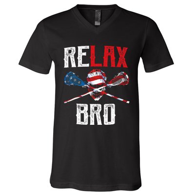 Relax Bro Lacrosse American Flag Lax Lacrosse Player Gifts V-Neck T-Shirt