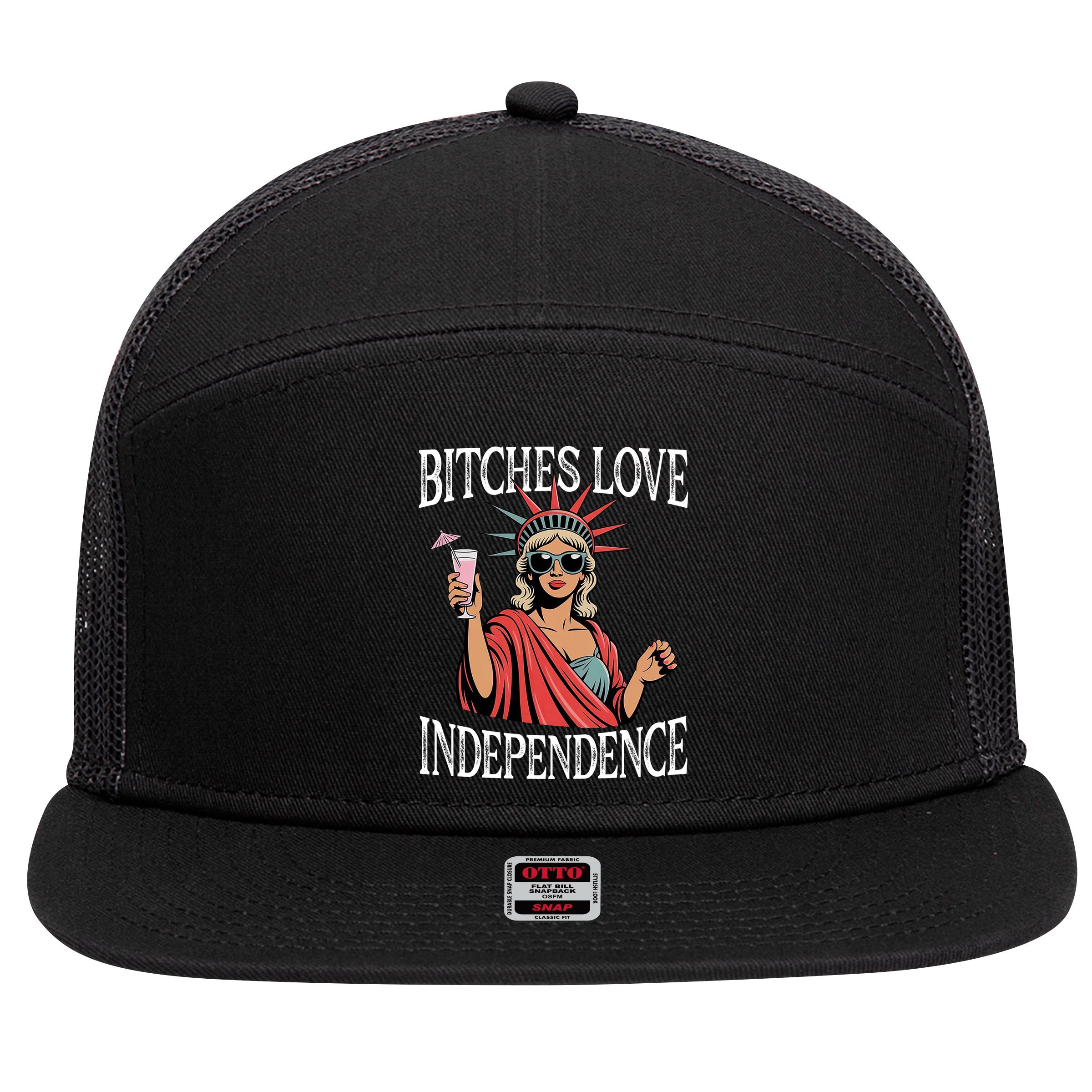 Retro Bitches Love Independence Funny 7 Panel Mesh Trucker Snapback Hat