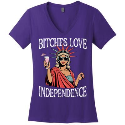 Retro Bitches Love Independence Funny Women's V-Neck T-Shirt