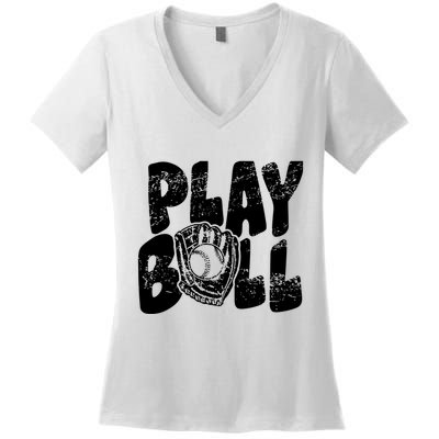 Retro Baseball Lover Team Sport Play Ball Baseball Game Day Women's V-Neck T-Shirt