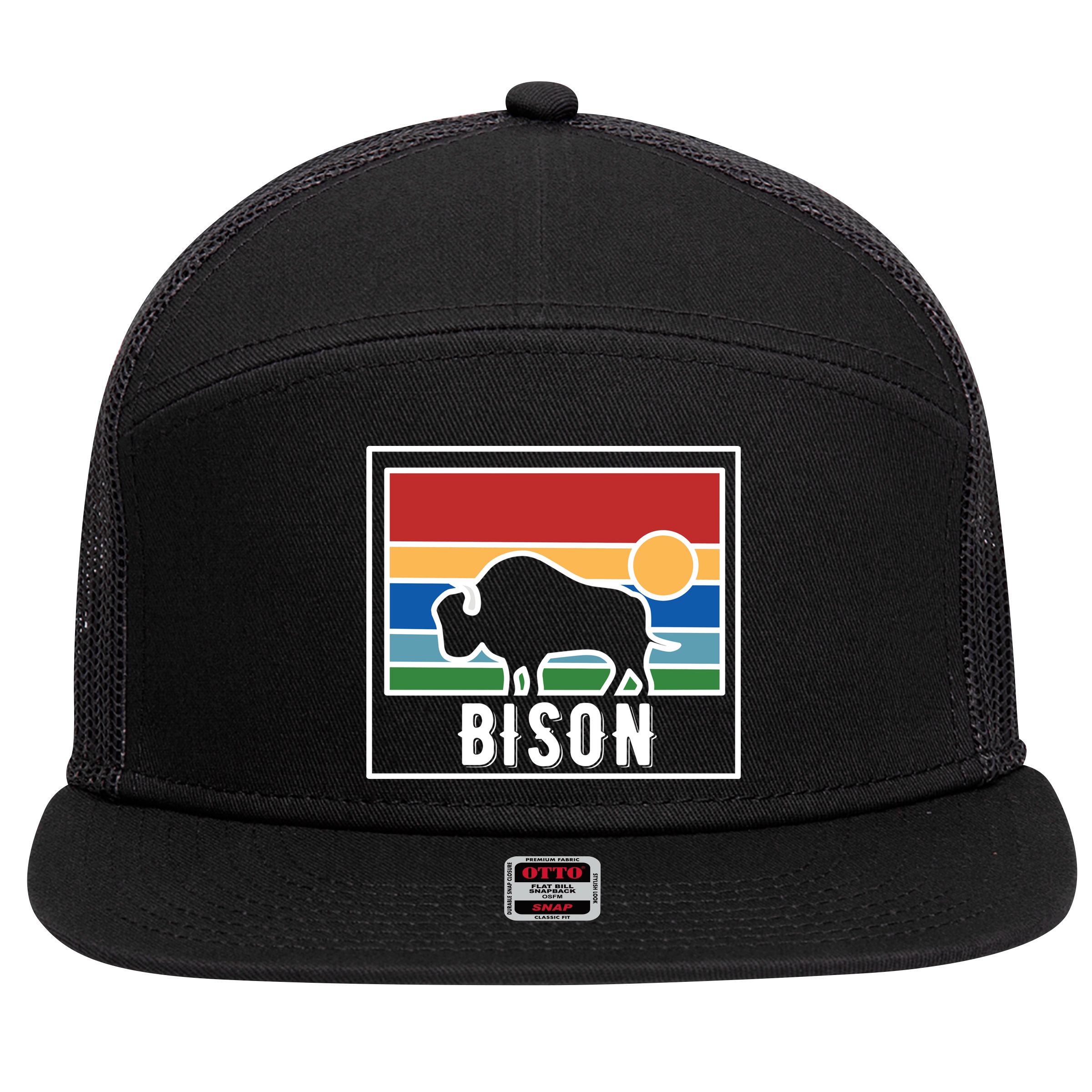 Retro Bison Logo 7 Panel Mesh Trucker Snapback Hat