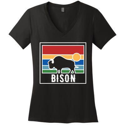 Retro Bison Logo Women's V-Neck T-Shirt