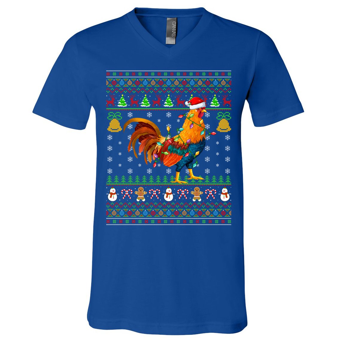 Rooster Bird Lover Lighting Santa Hat Rooster Ugly Christmas Gift V-Neck T-Shirt