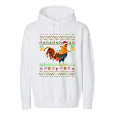 Rooster Bird Lover Lighting Santa Hat Rooster Ugly Christmas Gift Garment-Dyed Fleece Hoodie