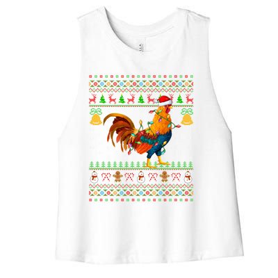 Rooster Bird Lover Lighting Santa Hat Rooster Ugly Christmas Gift Women's Racerback Cropped Tank