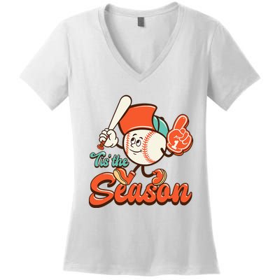 Retro Baseball Lover Tis The Season Game Day Women's V-Neck T-Shirt