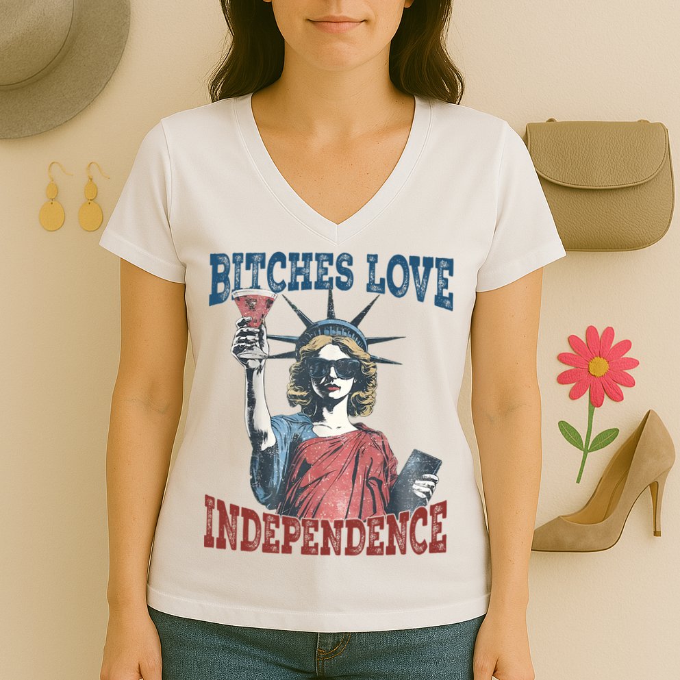 Retro Bitches Love Independence Funny Women's V-Neck T-Shirt