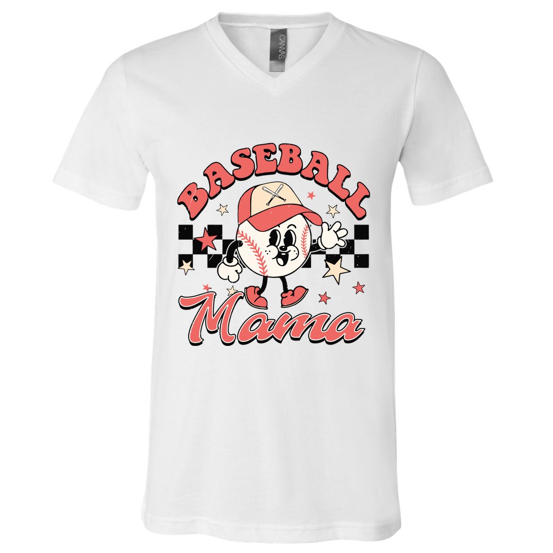 Retro Baseball Mama Hat Checkered V-Neck T-Shirt