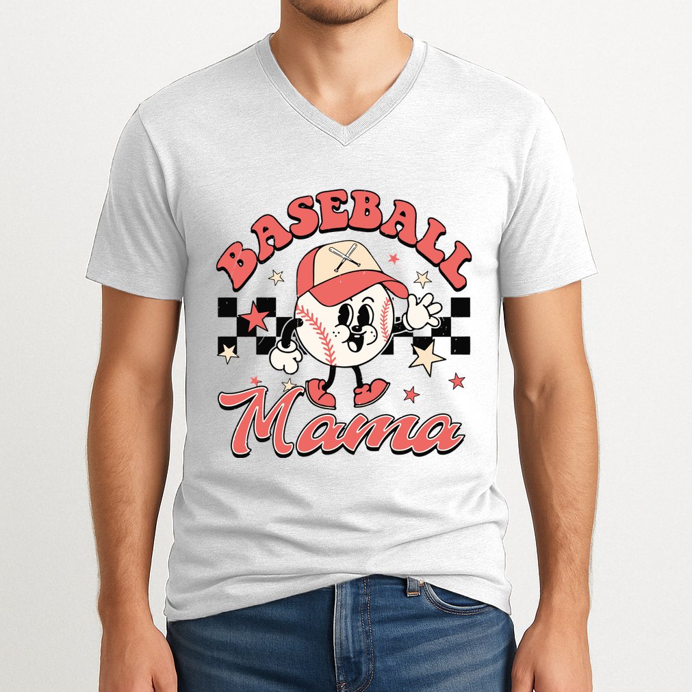 Retro Baseball Mama Hat Checkered V-Neck T-Shirt