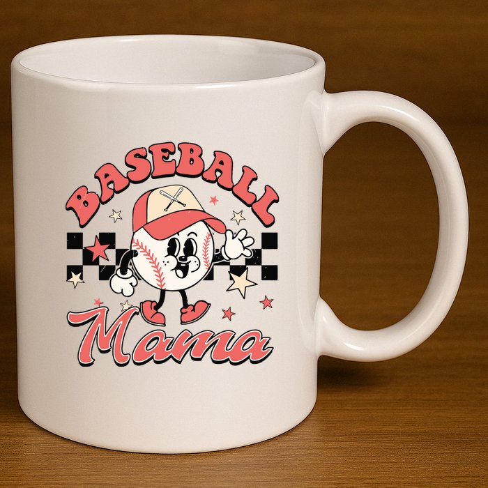 Retro Baseball Mama Hat Checkered 11oz C Handle Ceramic Mug