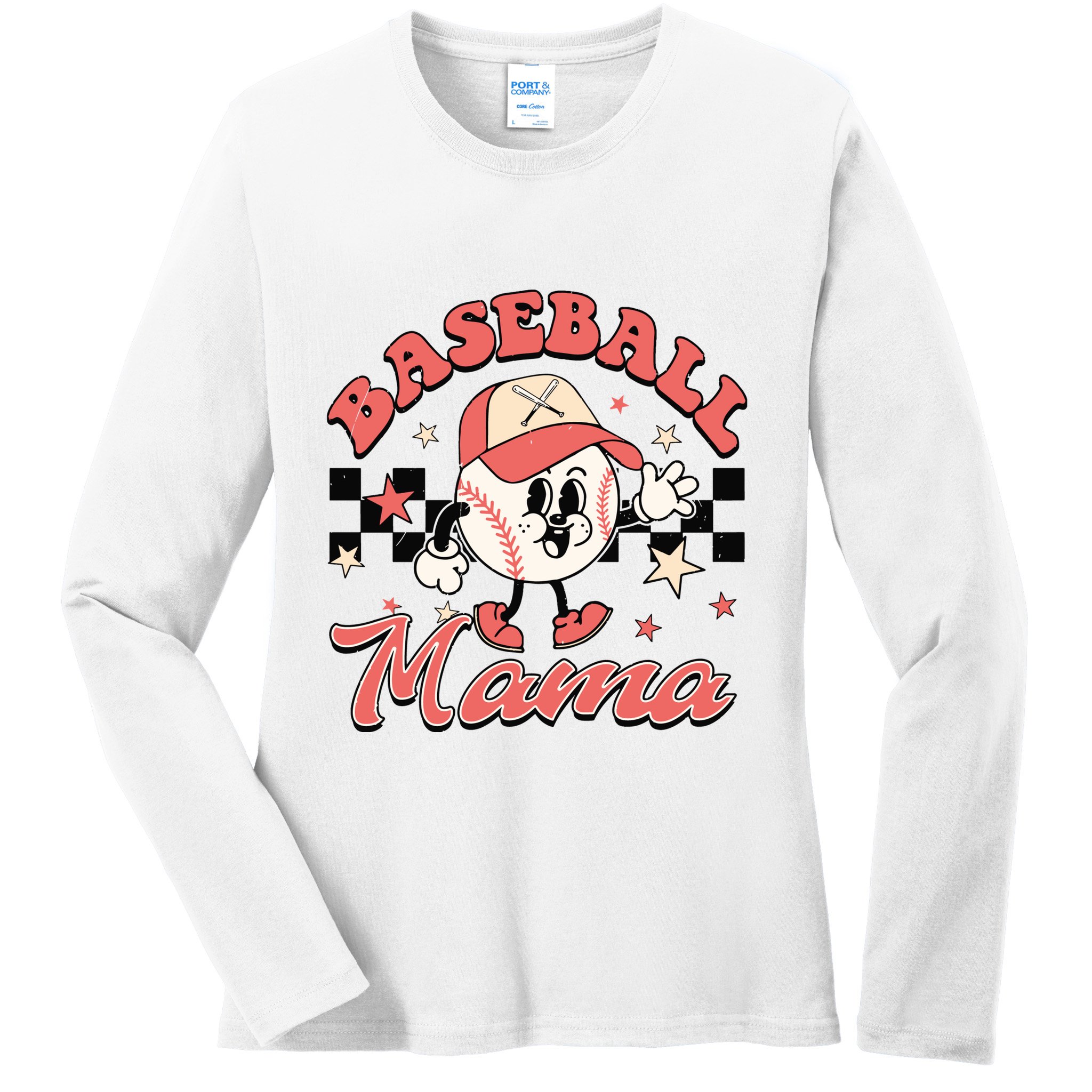 Retro Baseball Mama Hat Checkered Ladies Long Sleeve Shirt