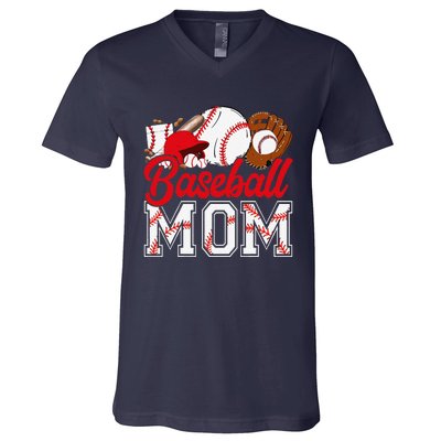 Retro Baseball Mom Mama Baseball Life Softball Life Game Day V-Neck T-Shirt