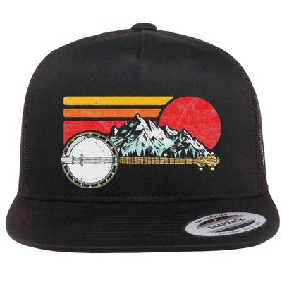 Retro Banjo Mountains & Sun Sketch Surf Style 80S Graphic Flat Bill Trucker Hat