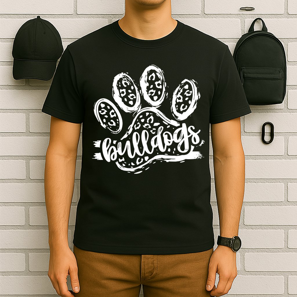 Retro Bulldogs Mascot School Spirit Leopard Print Paw Sports T-Shirt