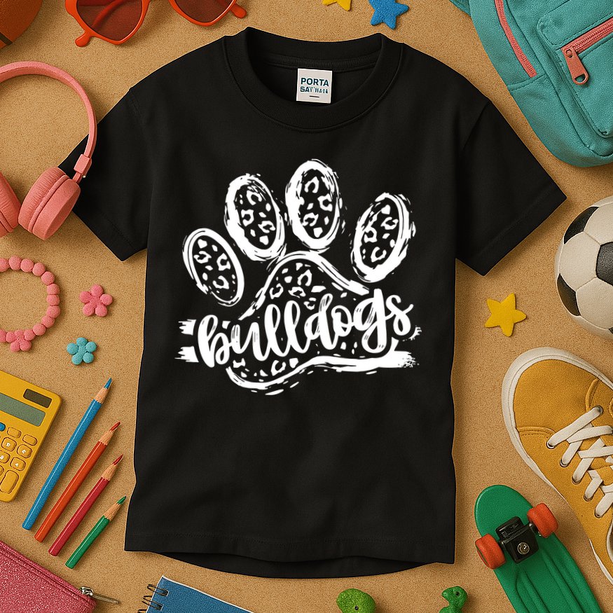 Retro Bulldogs Mascot School Spirit Leopard Print Paw Sports Kids T-Shirt