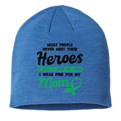 Raised By My Heroe Pink For Mom Breast Cancer Awareness Son Cute Gift Sustainable Beanie