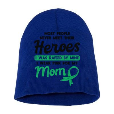 Raised By My Heroe Pink For Mom Breast Cancer Awareness Son Cute Gift Short Acrylic Beanie