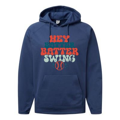 Retro Baseball Mom Hey Batter Batter Swing Funny Baseball Performance Fleece Hoodie