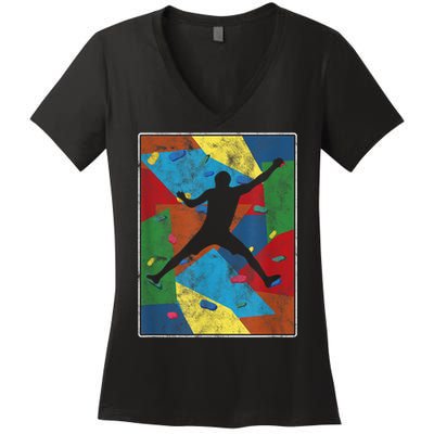 Retro Bouldering Mountaineer Mountain Climber Rock Climbing Women's V-Neck T-Shirt