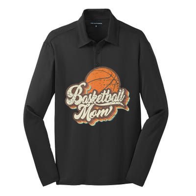 Retro Basketball Mom Sports Mama Mothers Day Silk Touch Performance Long Sleeve Polo