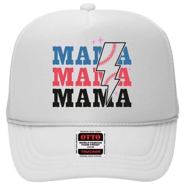 Retro Baseball Mama Lightning Softball Mom Mothers Day High Crown Mesh Back Trucker Hat