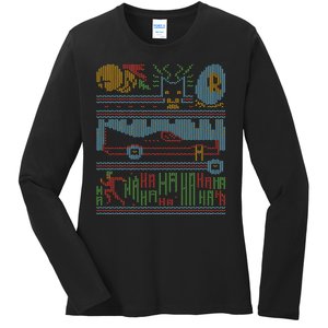 Retro Bat Mobile Gamer Nerdy Ugly Christmas Ladies Long Sleeve Shirt