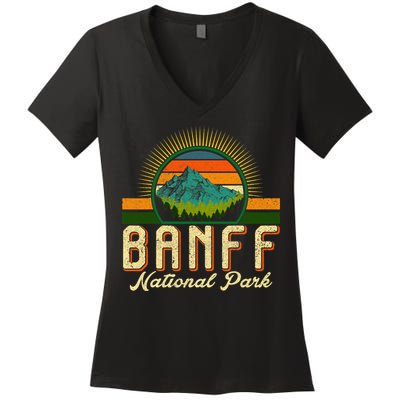 Retro Banff National Park Moutains Camping Hiking Outdoor Women's V-Neck T-Shirt