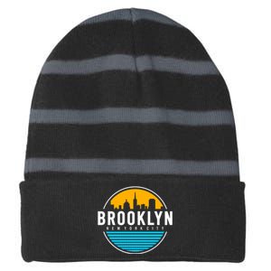 Retro Brooklyn New York City Skyline Striped Beanie with Solid Band