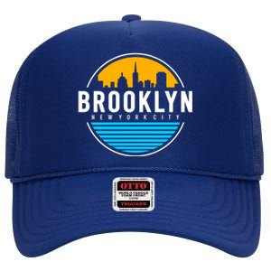 Retro Brooklyn New York City Skyline High Crown Mesh Back Trucker Hat