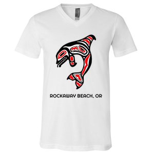 Rockaway Beach Oregon Native American Orca Killer Whale V-Neck T-Shirt