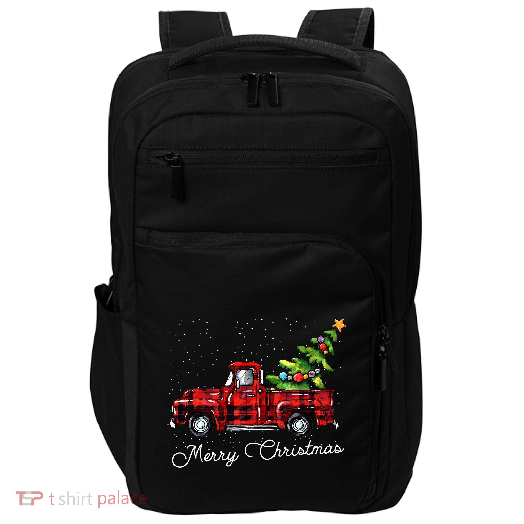 Red Buffalo Plaid Pickup Truck With Tree Merry Christmas Impact Tech Backpack
