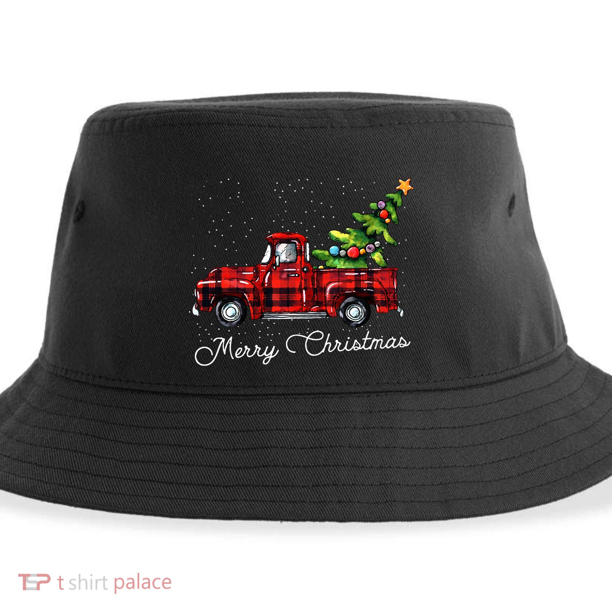 Red Buffalo Plaid Pickup Truck With Tree Merry Christmas Sustainable Bucket Hat