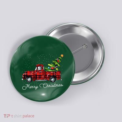 Red Buffalo Plaid Pickup Truck With Tree Merry Christmas Button