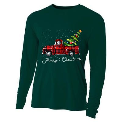 Red Buffalo Plaid Pickup Truck With Tree Merry Christmas Cooling Performance Long Sleeve Crew