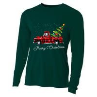 Red Buffalo Plaid Pickup Truck With Tree Merry Christmas Cooling Performance Long Sleeve Crew