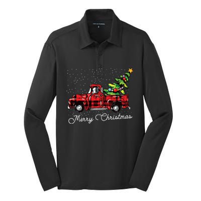 Red Buffalo Plaid Pickup Truck With Tree Merry Christmas Silk Touch Performance Long Sleeve Polo