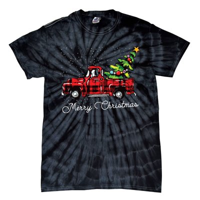 Red Buffalo Plaid Pickup Truck With Tree Merry Christmas Tie-Dye T-Shirt